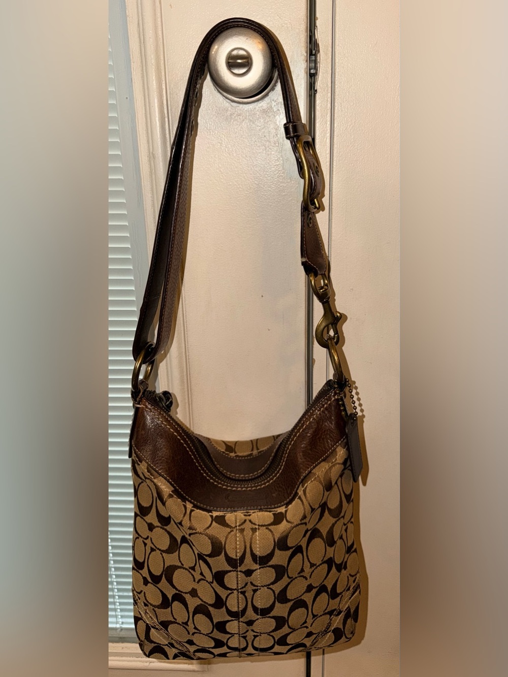 Coach Brown Signature Canvas Shoulder Bag with Dark Brown Leather Trim